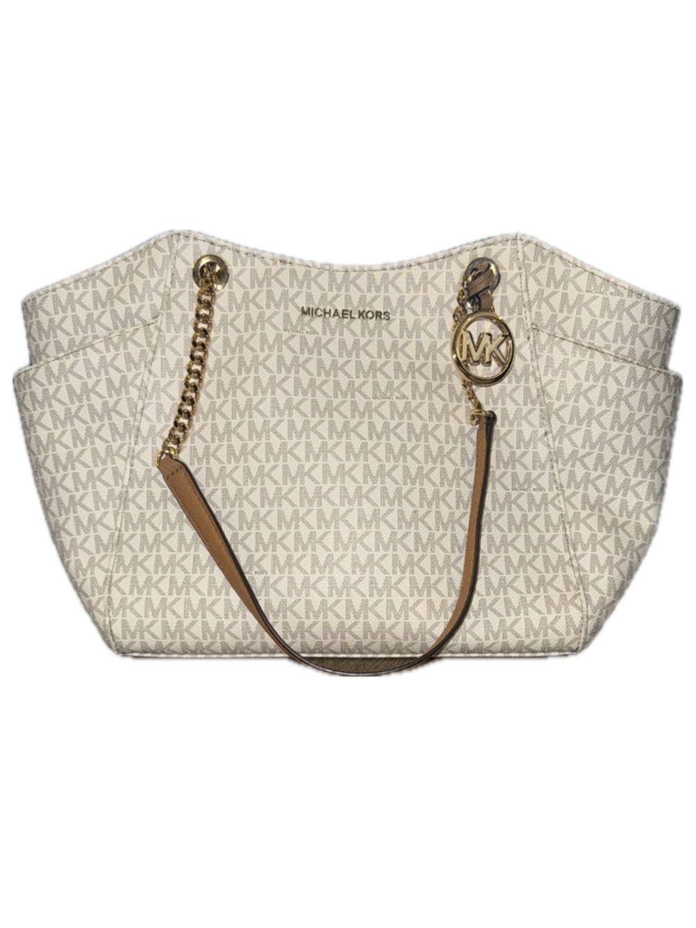 Michael Kors Jet Set Tote Vanilla MK Logo Shoulder Bag Chain Strap Large